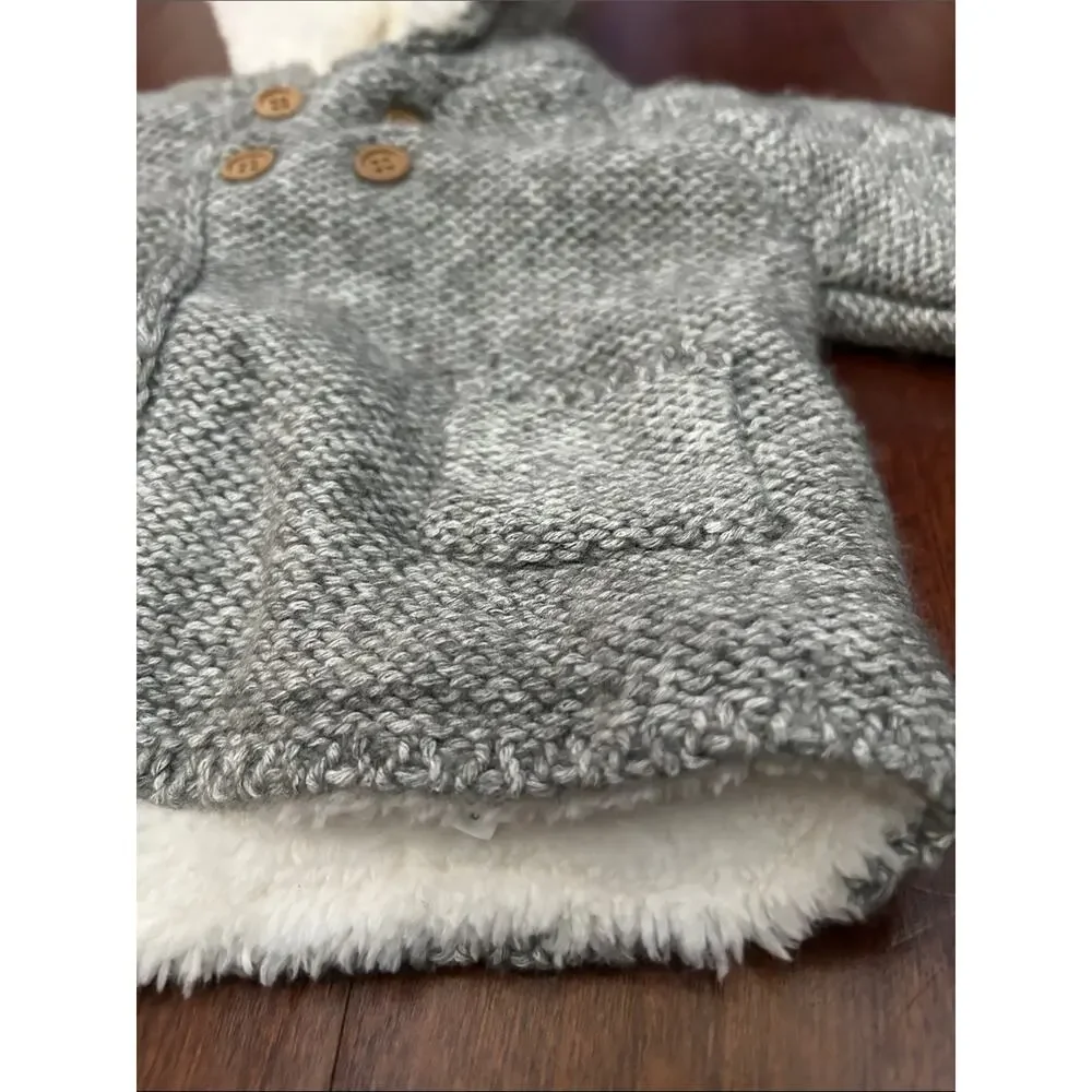 Zara Kid’s Gray Knit Hooded Baby Sweater with Cream Sherpa Lining, Size 1-3 M